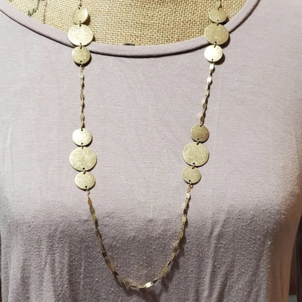 Stella & Dot Gold Textured Disc Station Long Necklace Matte Geometric Link Chain